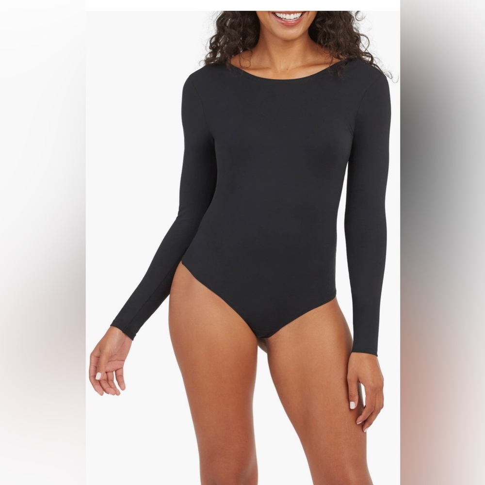 Spanx Suit Yourself Fitted Black Long Sleeve Crew Neck Bodysuit - Large
